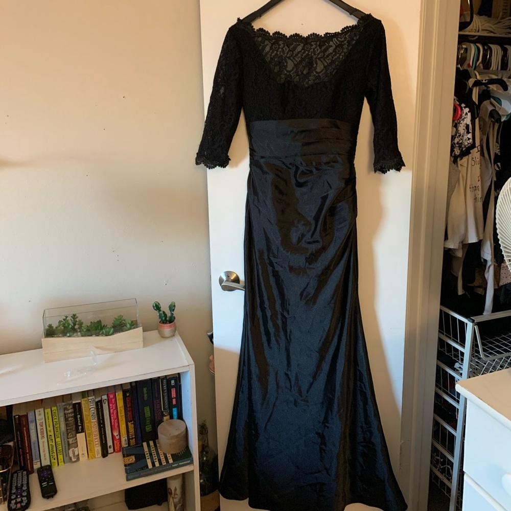 Off-the-shoulder laced floor length gown